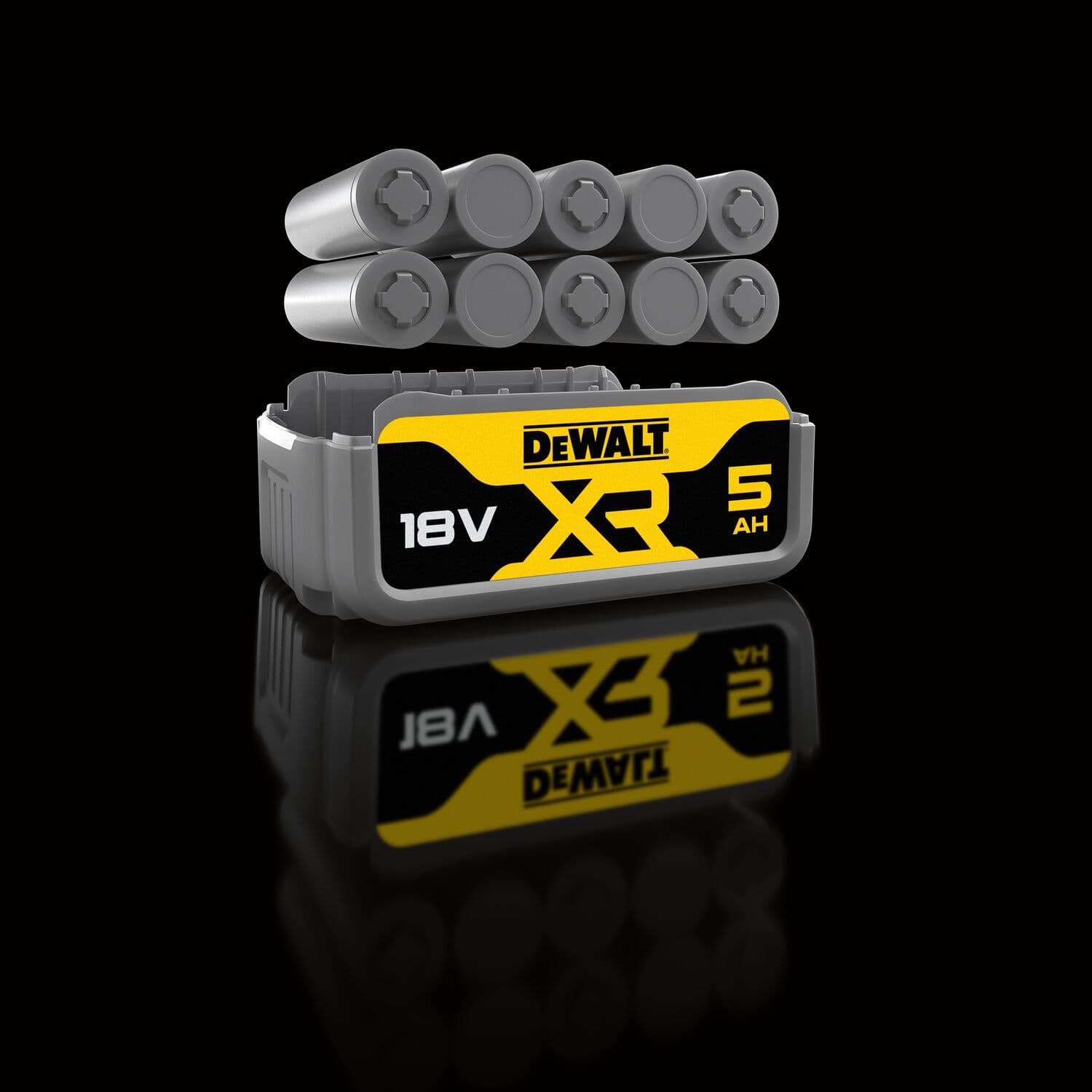 A DEWALT 18V XR 5Ah battery with its internal cell structure exposed, shown on a reflective black surface.