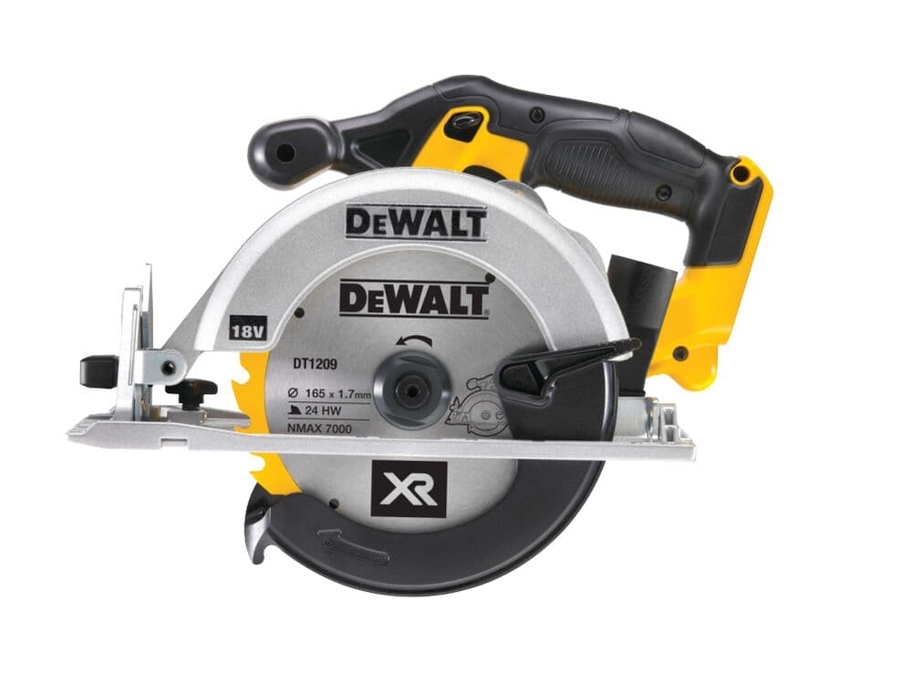 DEWALT 18V cordless circular saw with yellow and black handle, silver blade guard, and XR branding.