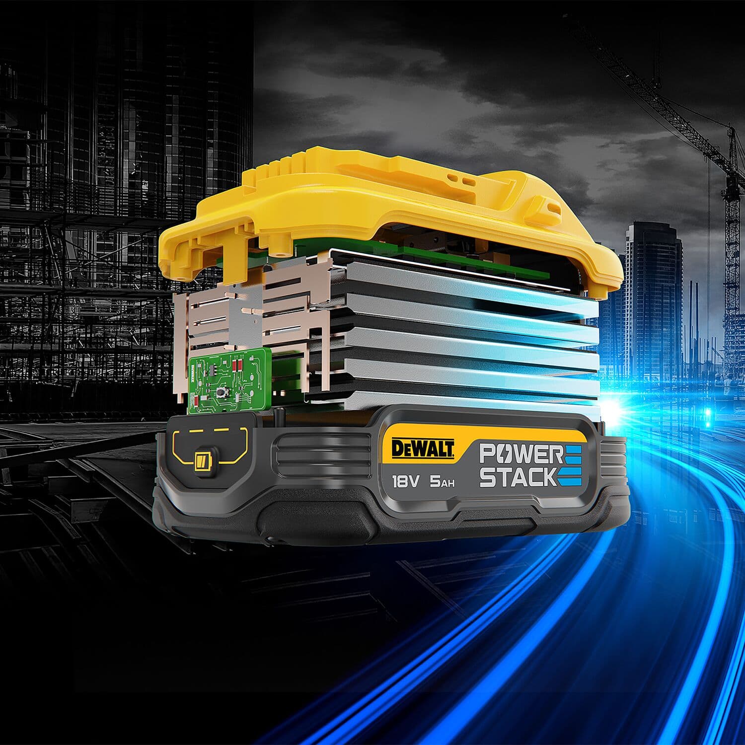 DEWALT POWERSTACK 18V battery, cutaway view showing internal layers, with construction background and light streaks.