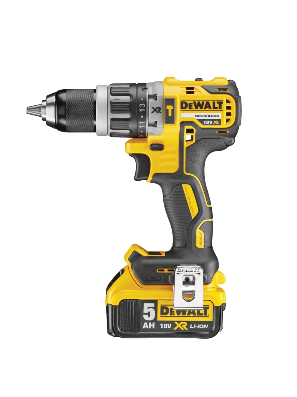 A Dewalt DCD796P2 18V XR brushless cordless drill with a yellow and black design, featuring a 5Ah lithium-ion battery attached at the bottom.