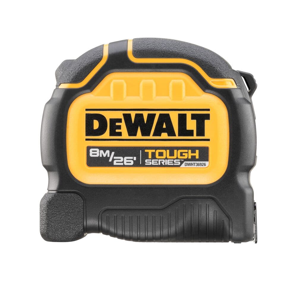 DEWALT Tough Series tape measure, 8 meters or 26 feet, black and yellow casing, model DWHT36926-5.