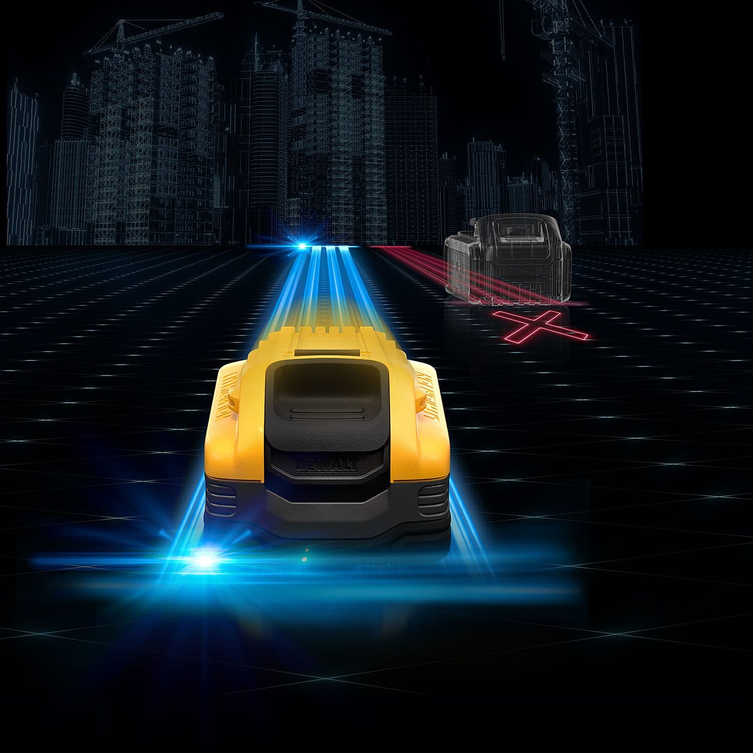 DEWALT battery pack on a digital grid with cityscape in background and futuristic blue energy lines.