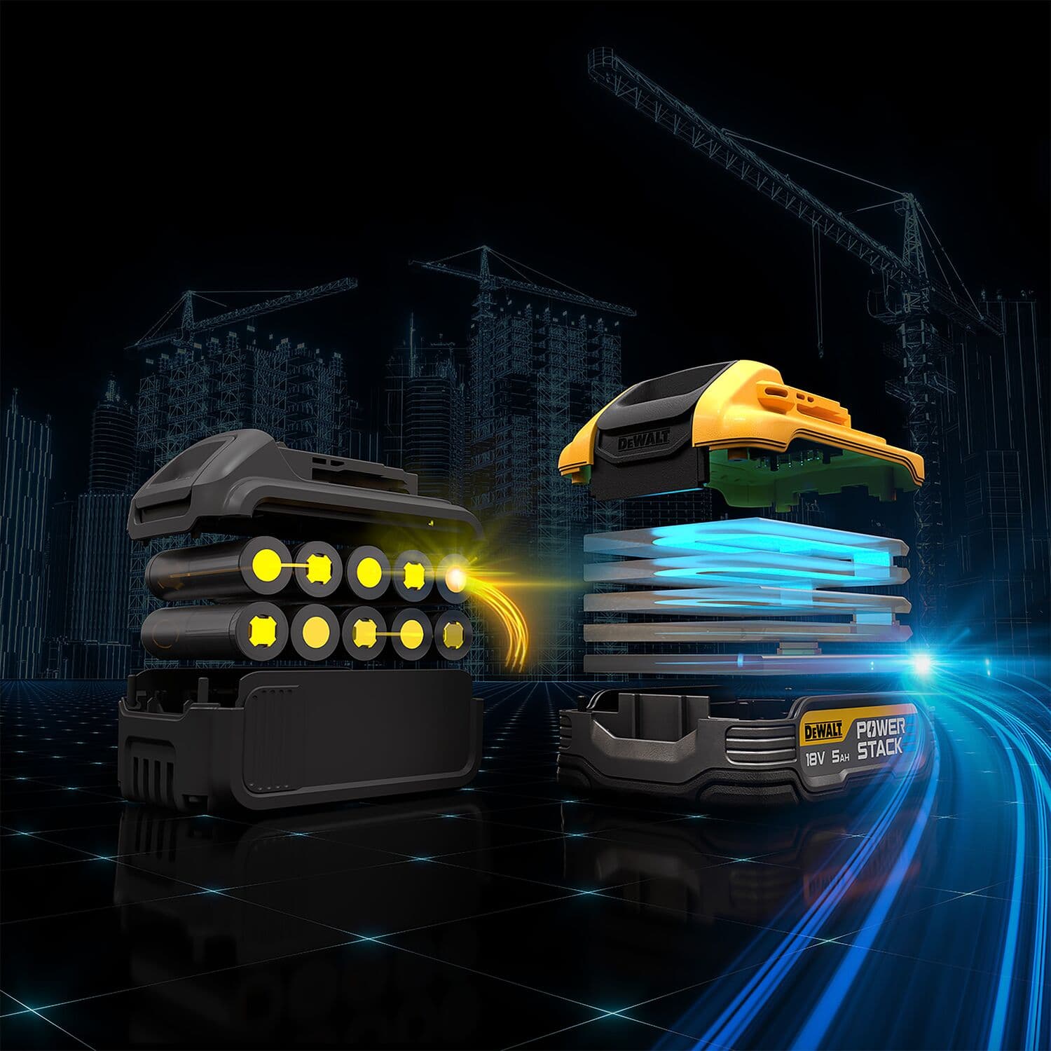 DEWALT POWERSTACK battery comparison with layered visuals, construction site background, blue and yellow glowing effects.