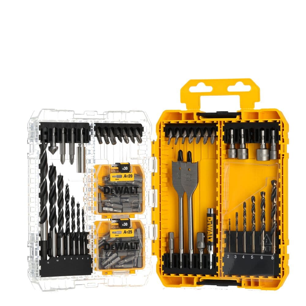 DEWALT DT70785 drill and bit set in a yellow case, with various drill bits and accessories on display.