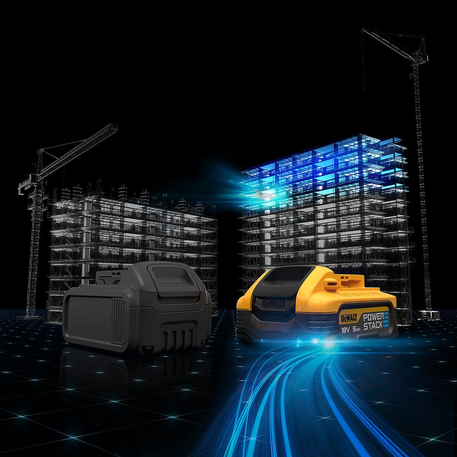 DEWALT POWERSTACK battery and another battery in front of digital construction buildings and cranes, glowing blue effects.