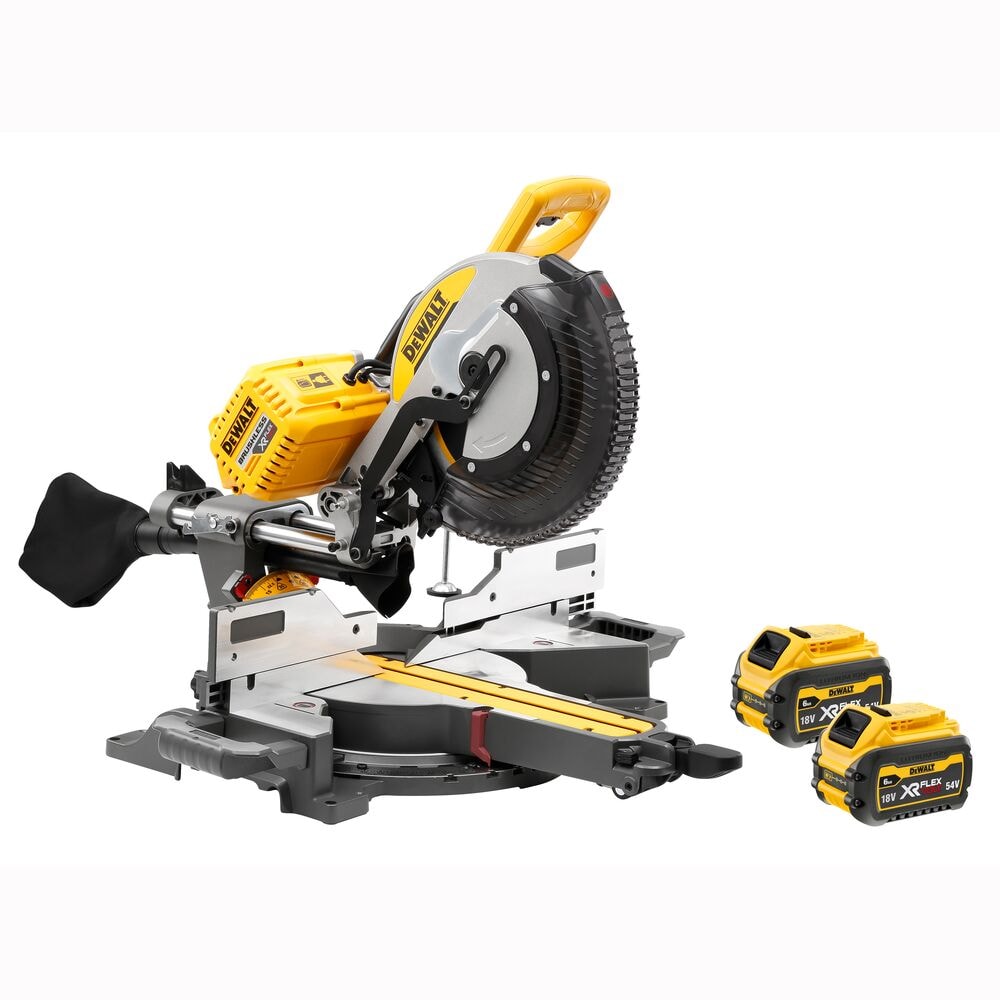 DEWALT cordless mitre saw with two XR FLEXVOLT batteries, yellow and black, for woodworking.